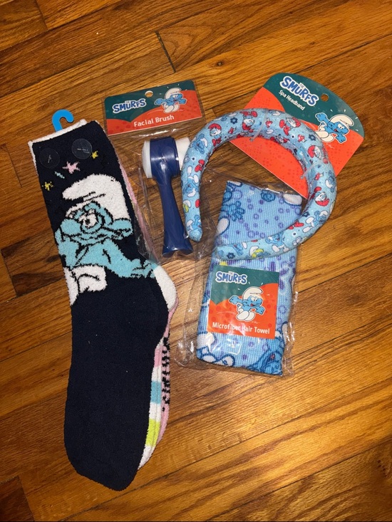 Other - Smurfs Blue Plush Socks 3 pk + Hairband & Towel plus facial brush